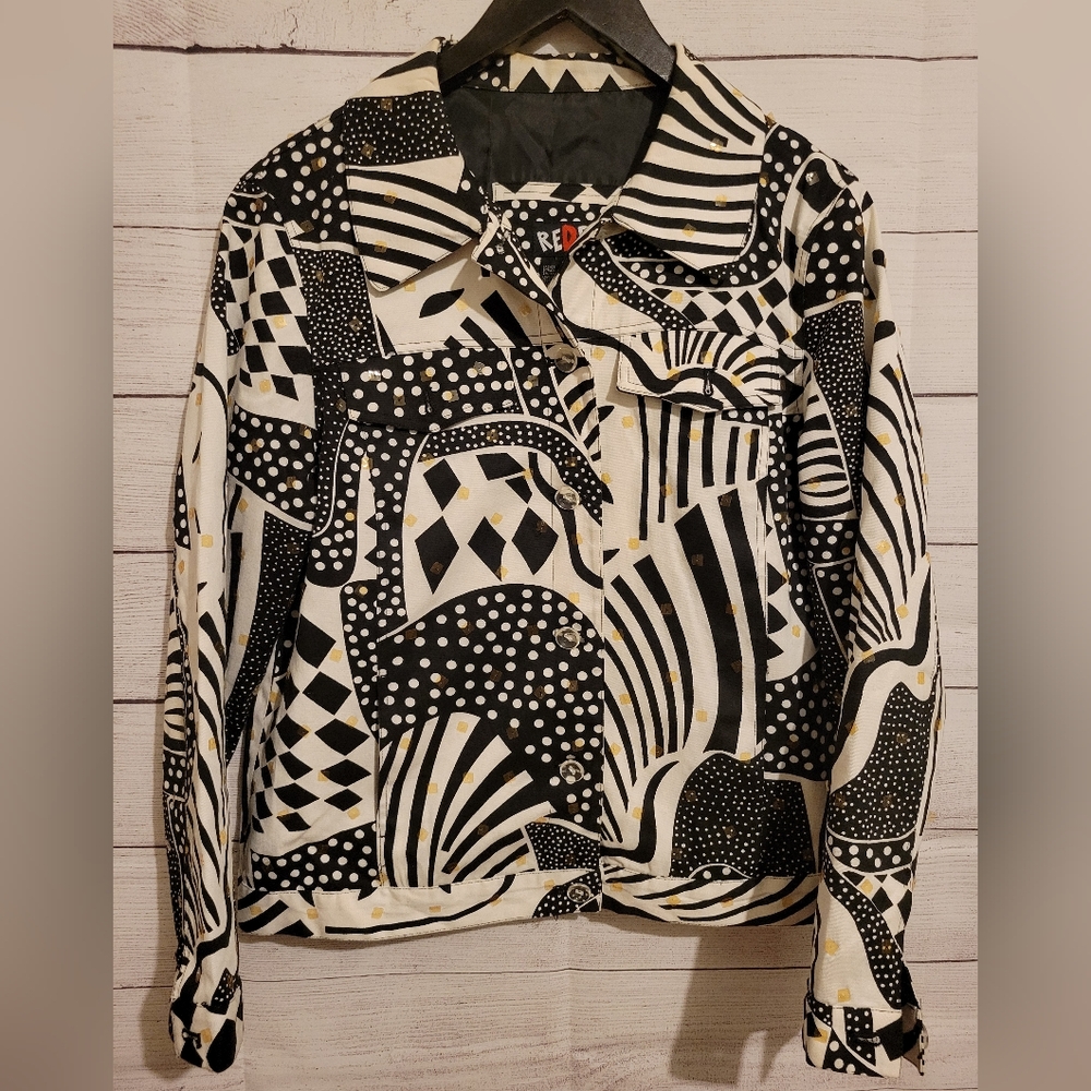 VINTAGE Sequin Zip up Jacket By REDD Jeans Size 8 Black And White